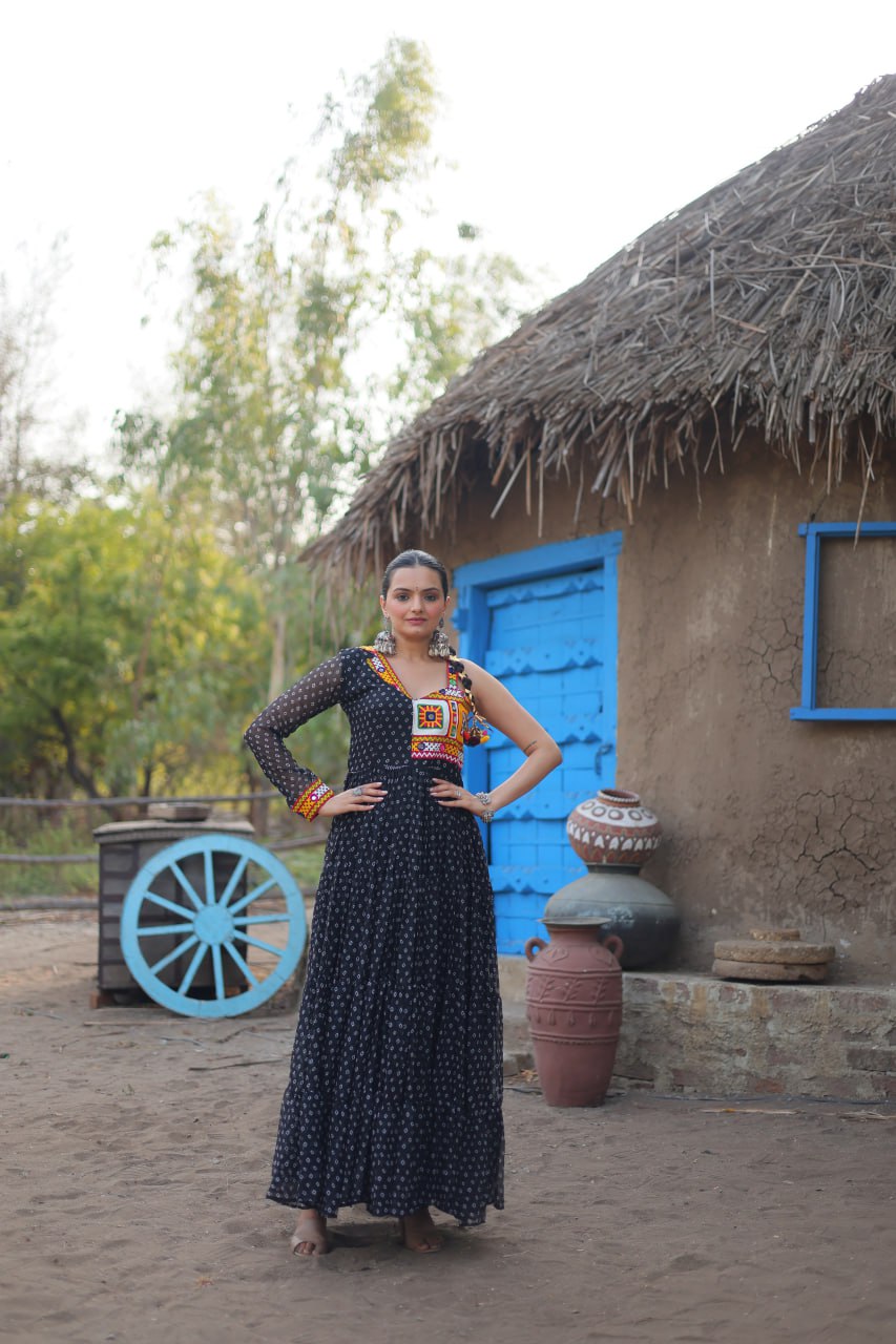 Black Elegant Bandhani Print Faux Georgette Gown with Kutchi Patchwork