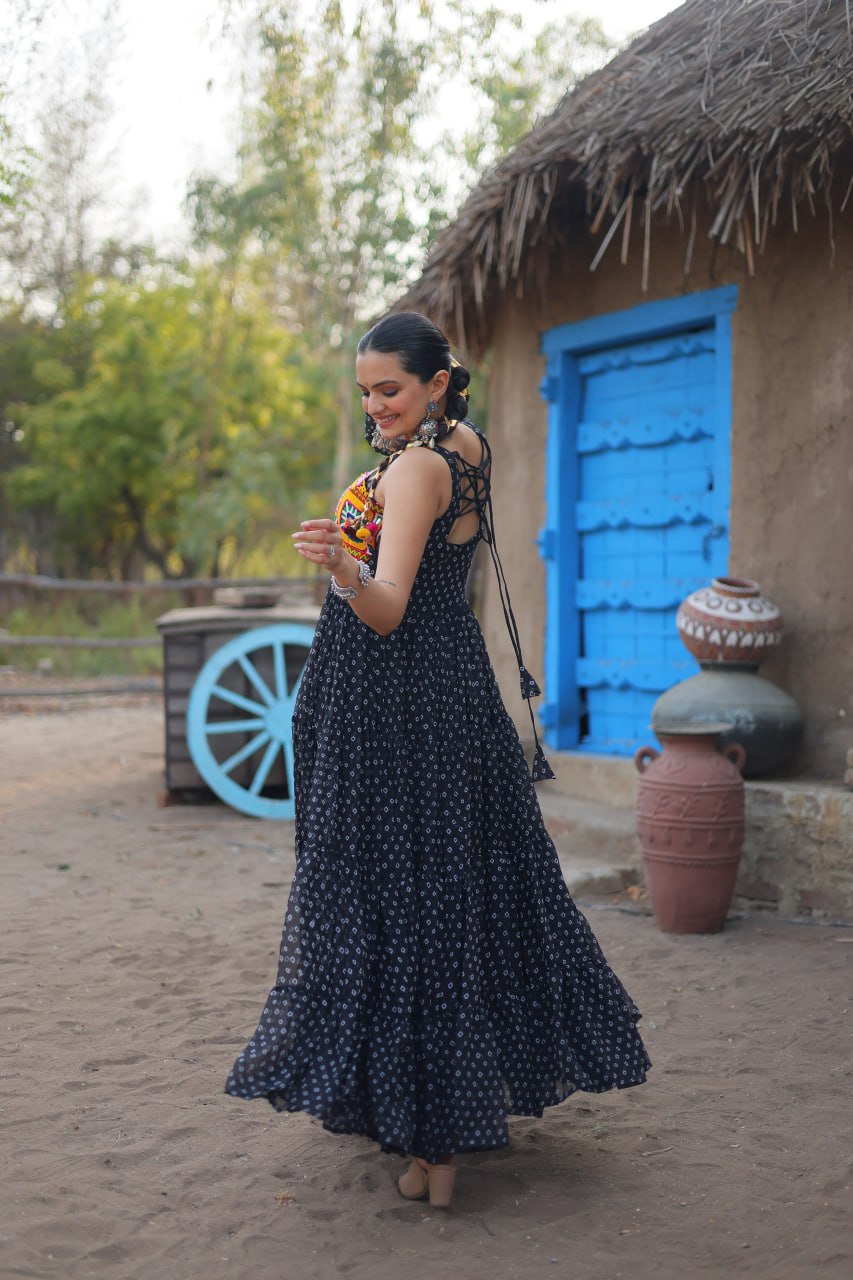 Black Elegant Bandhani Print Faux Georgette Gown with Kutchi Patchwork