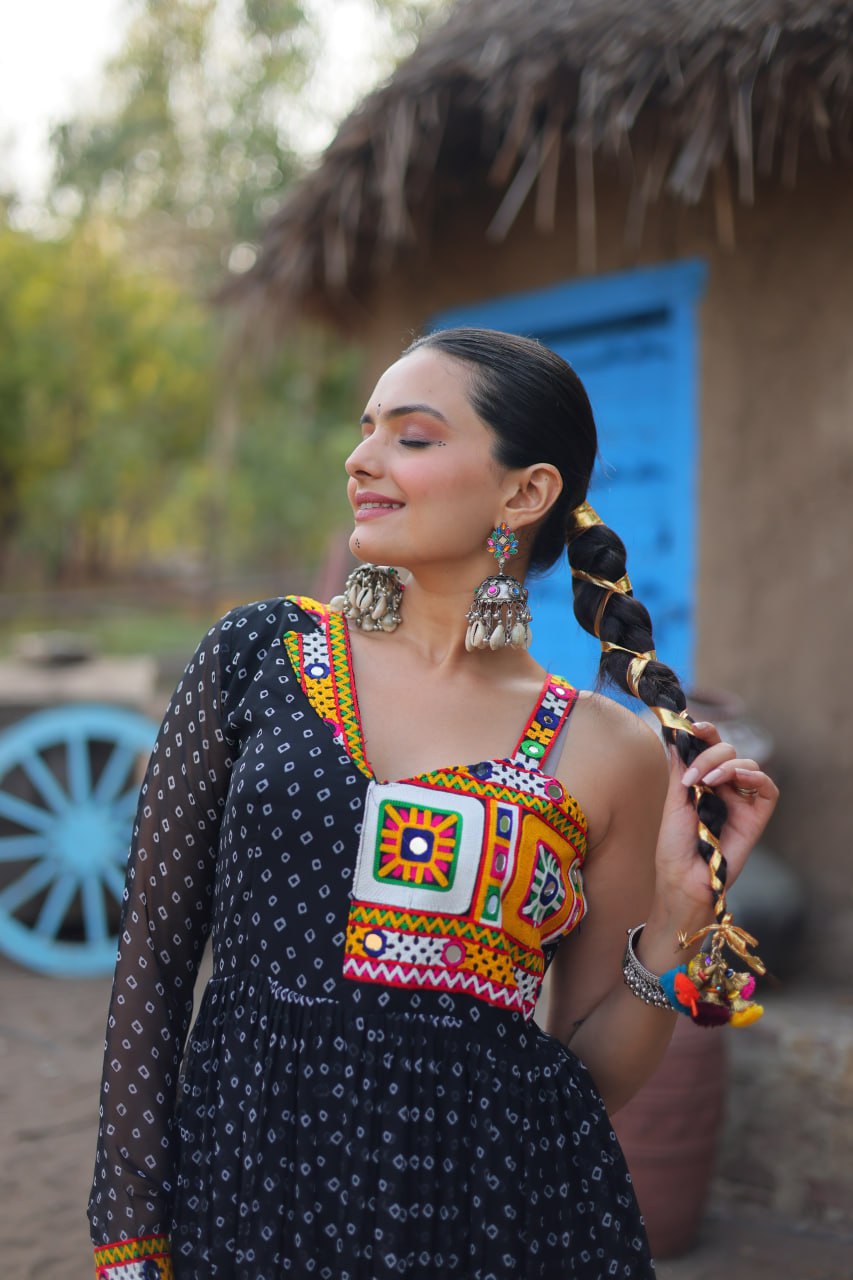 Black Elegant Bandhani Print Faux Georgette Gown with Kutchi Patchwork