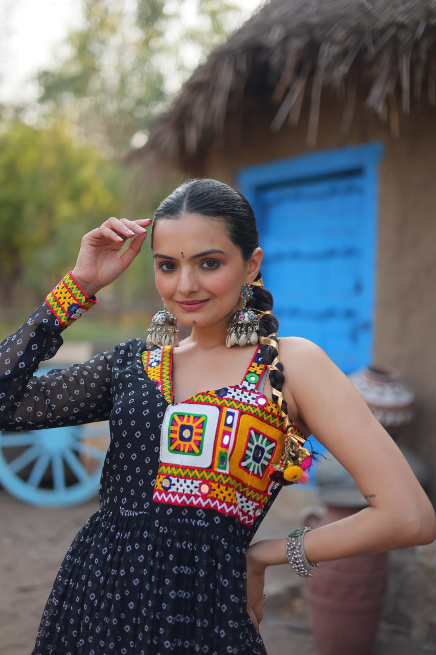Black Elegant Bandhani Print Faux Georgette Gown with Kutchi Patchwork