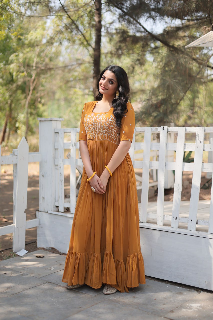 Yellow Elegant Faux Georgette Gown with Multithreaded Embroidery & Sequins