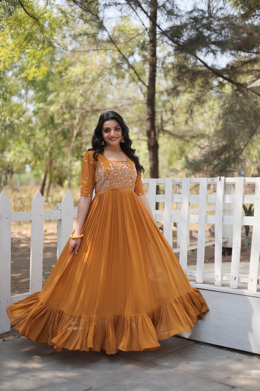 Yellow Elegant Faux Georgette Gown with Multithreaded Embroidery & Sequins
