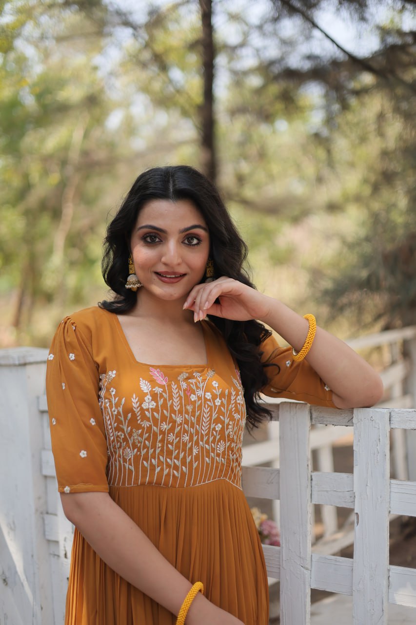 Yellow Elegant Faux Georgette Gown with Multithreaded Embroidery & Sequins