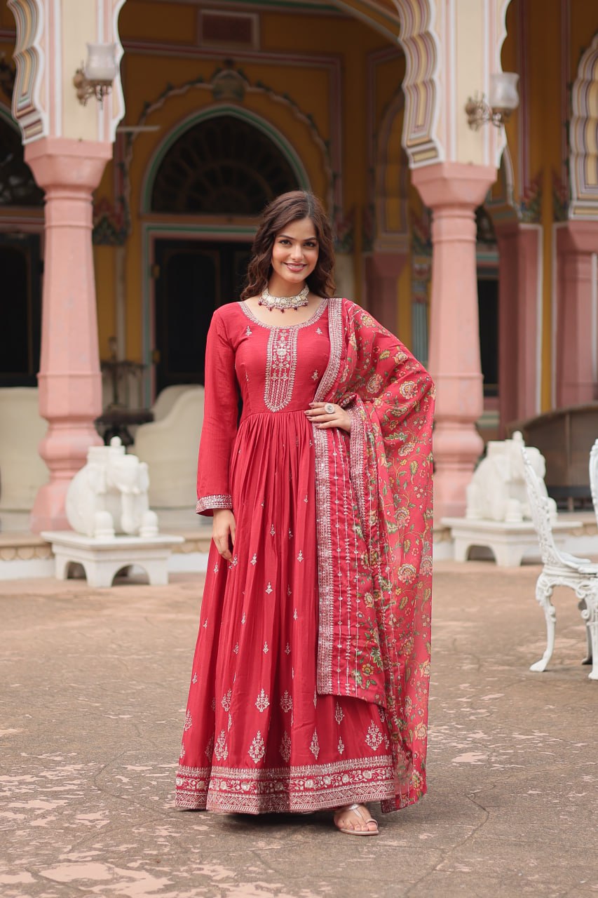 Red Elegant Chinon Gown with Sequins Embroidery & Kalamkari Silk Dupatta