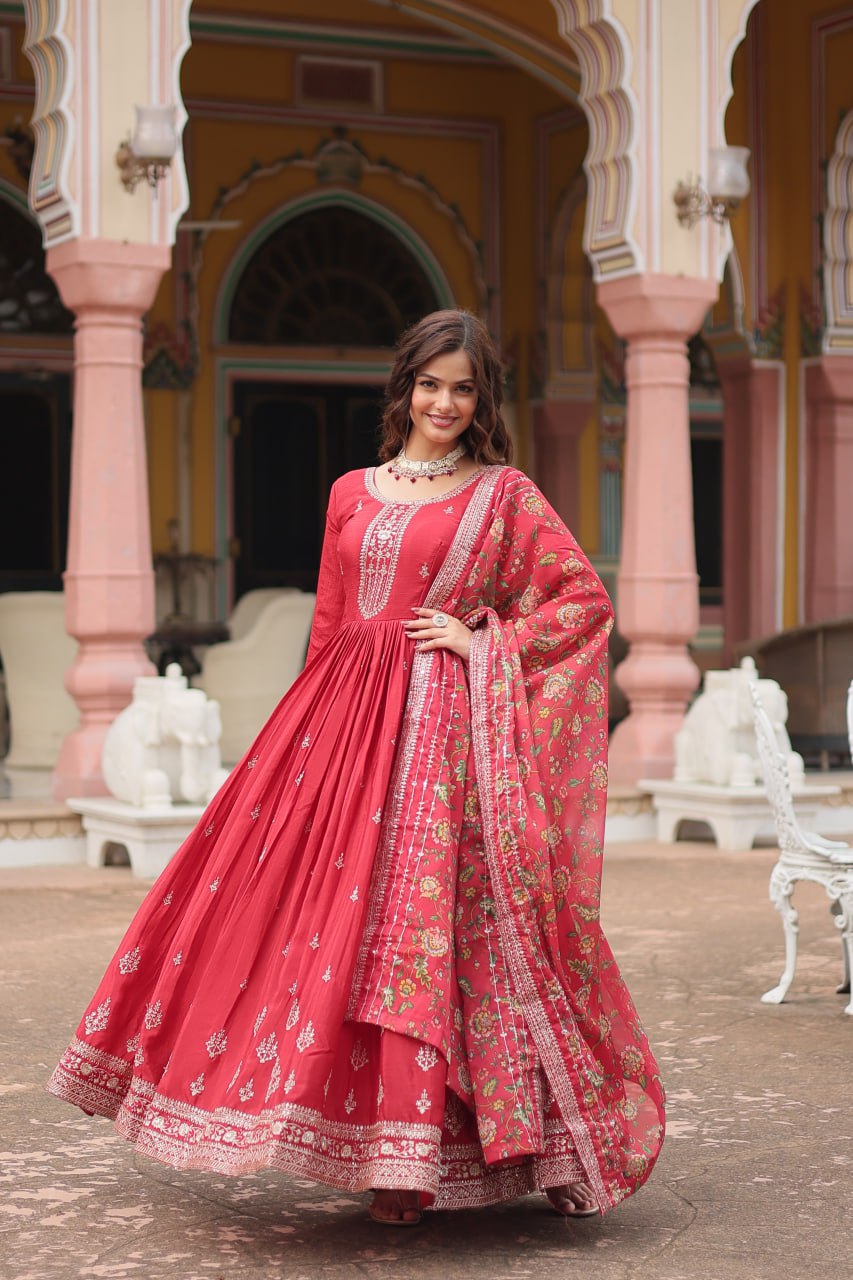 Red Elegant Chinon Gown with Sequins Embroidery & Kalamkari Silk Dupatta