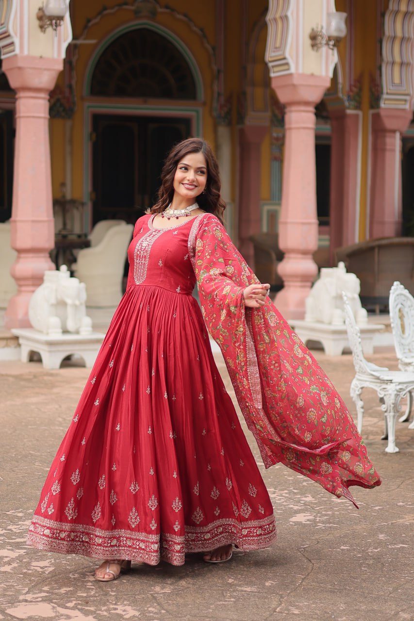 Red Elegant Chinon Gown with Sequins Embroidery & Kalamkari Silk Dupatta