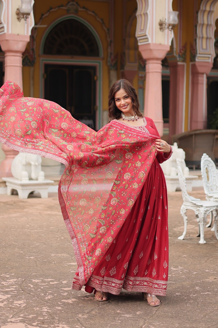 Red Elegant Chinon Gown with Sequins Embroidery & Kalamkari Silk Dupatta