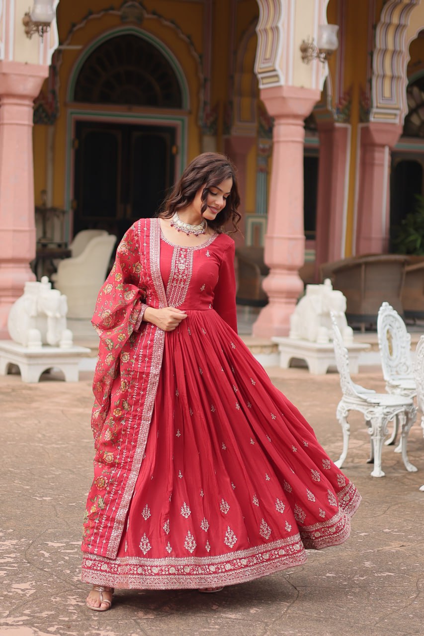 Red Elegant Chinon Gown with Sequins Embroidery & Kalamkari Silk Dupatta