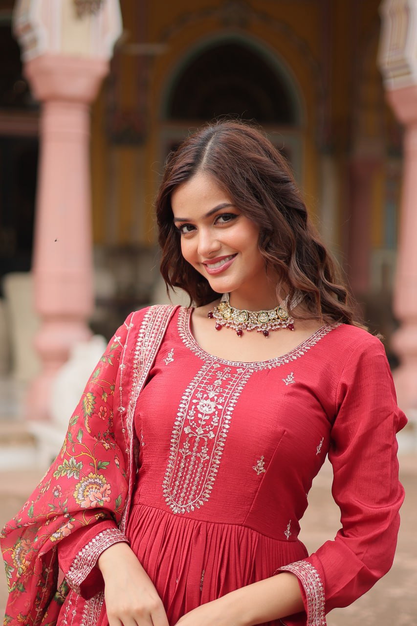 Red Elegant Chinon Gown with Sequins Embroidery & Kalamkari Silk Dupatta