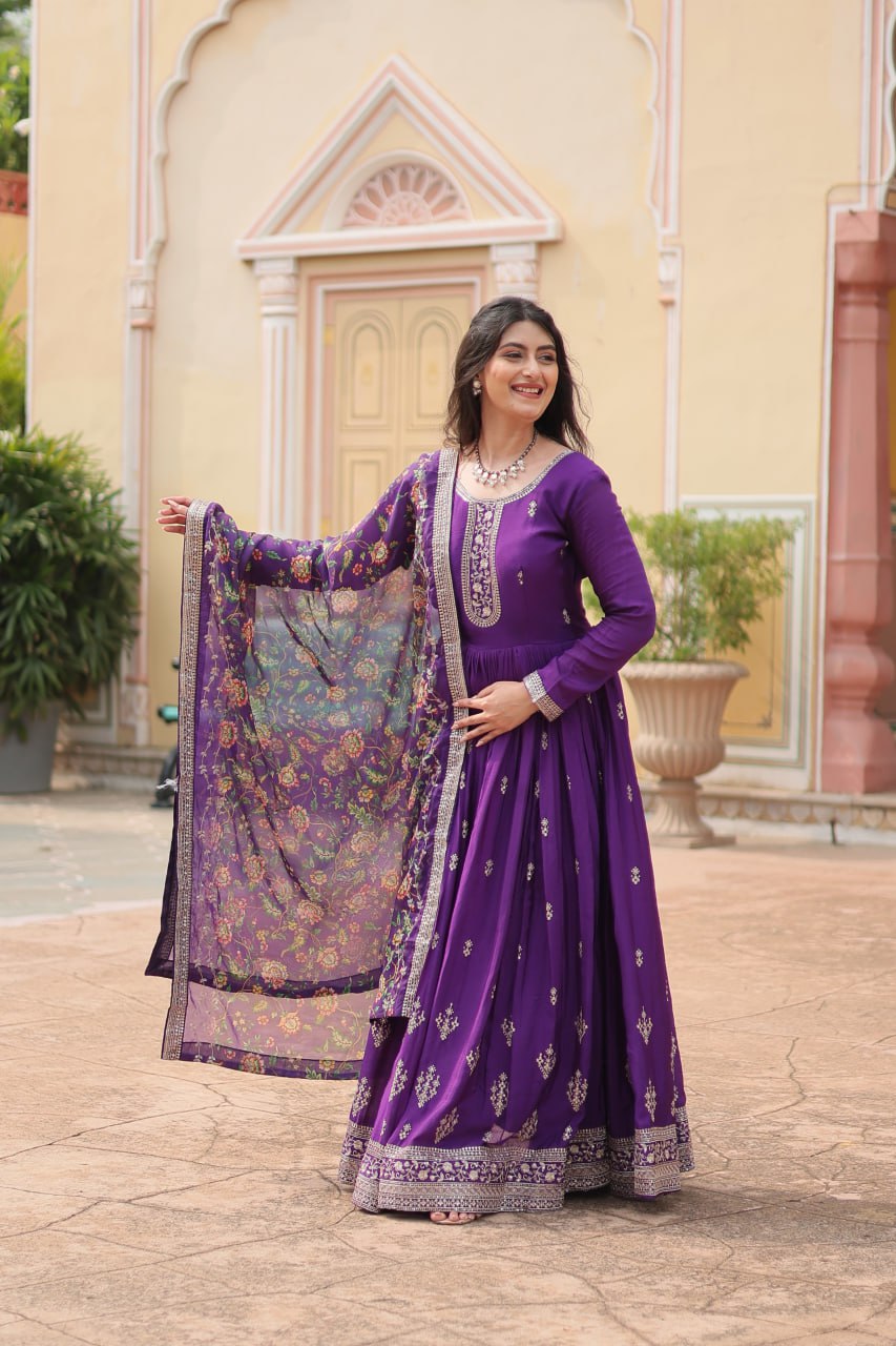 Purple Elegant Chinon Gown with Sequins Embroidery & Kalamkari Silk Dupatta
