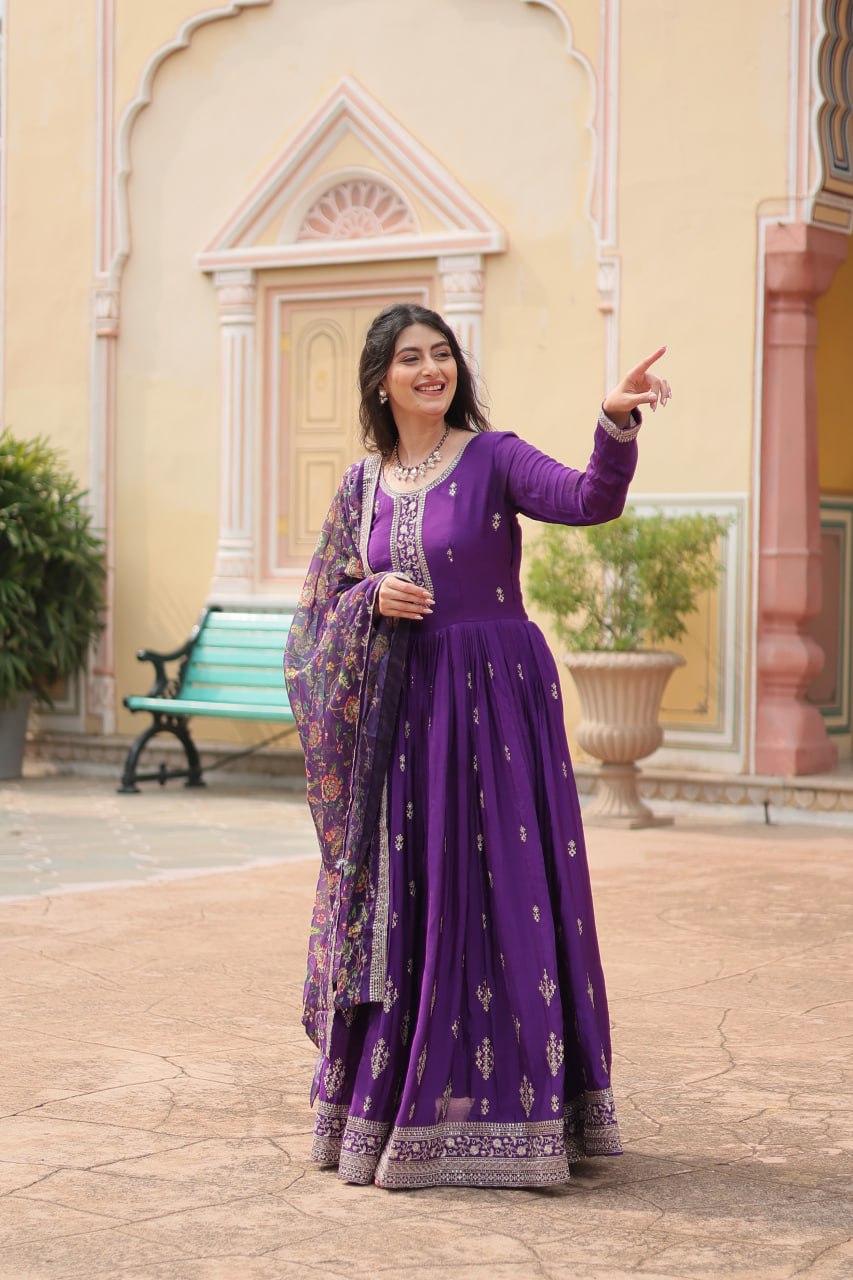Purple Elegant Chinon Gown with Sequins Embroidery & Kalamkari Silk Dupatta
