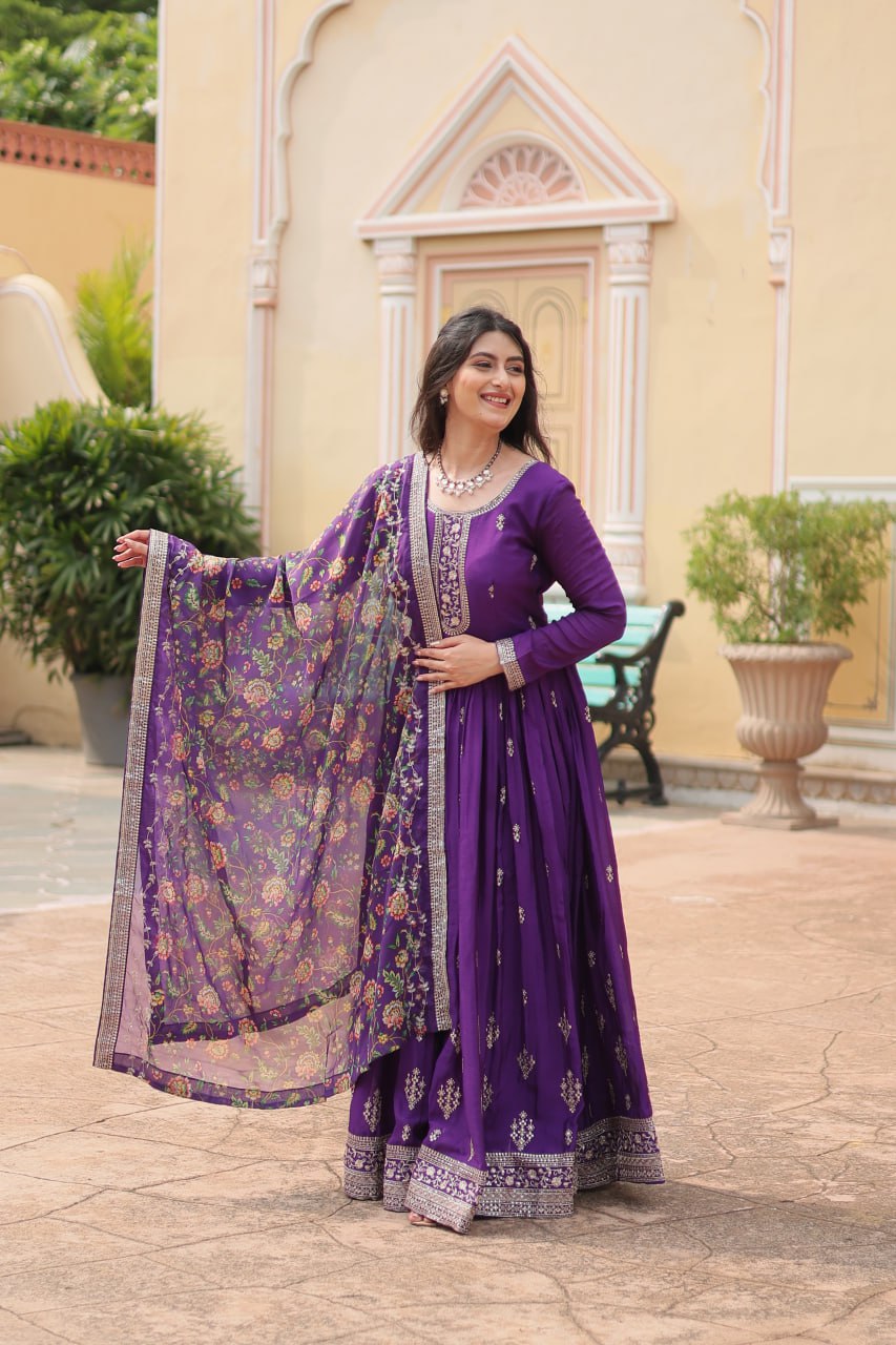 Purple Elegant Chinon Gown with Sequins Embroidery & Kalamkari Silk Dupatta