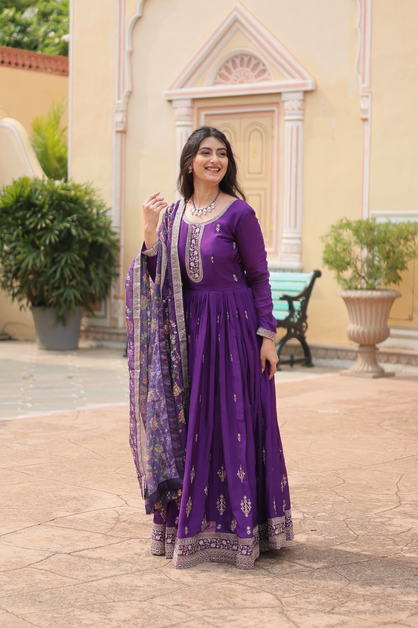 Purple Elegant Chinon Gown with Sequins Embroidery & Kalamkari Silk Dupatta