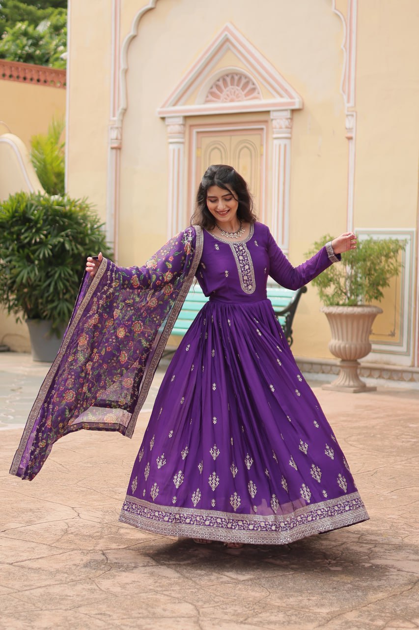 Purple Elegant Chinon Gown with Sequins Embroidery & Kalamkari Silk Dupatta