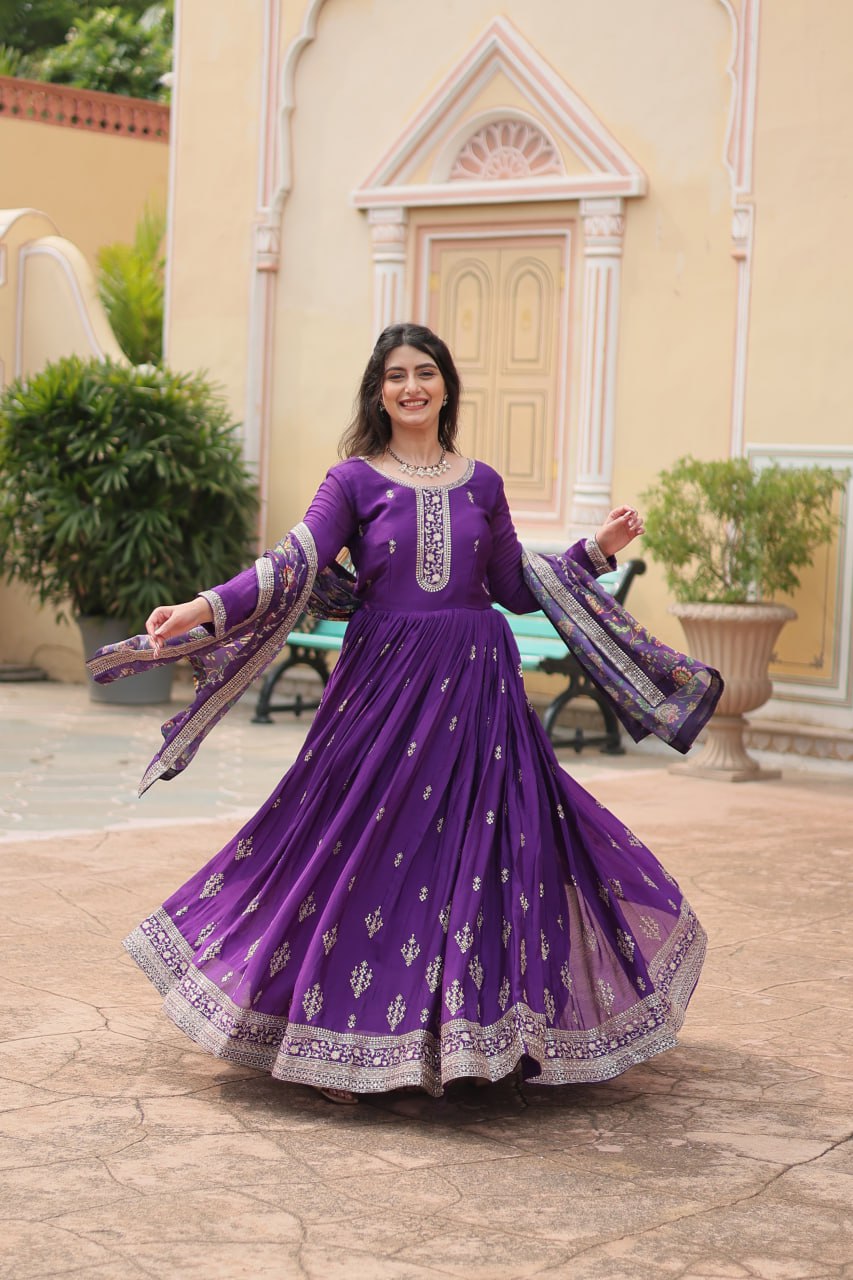 Purple Elegant Chinon Gown with Sequins Embroidery & Kalamkari Silk Dupatta