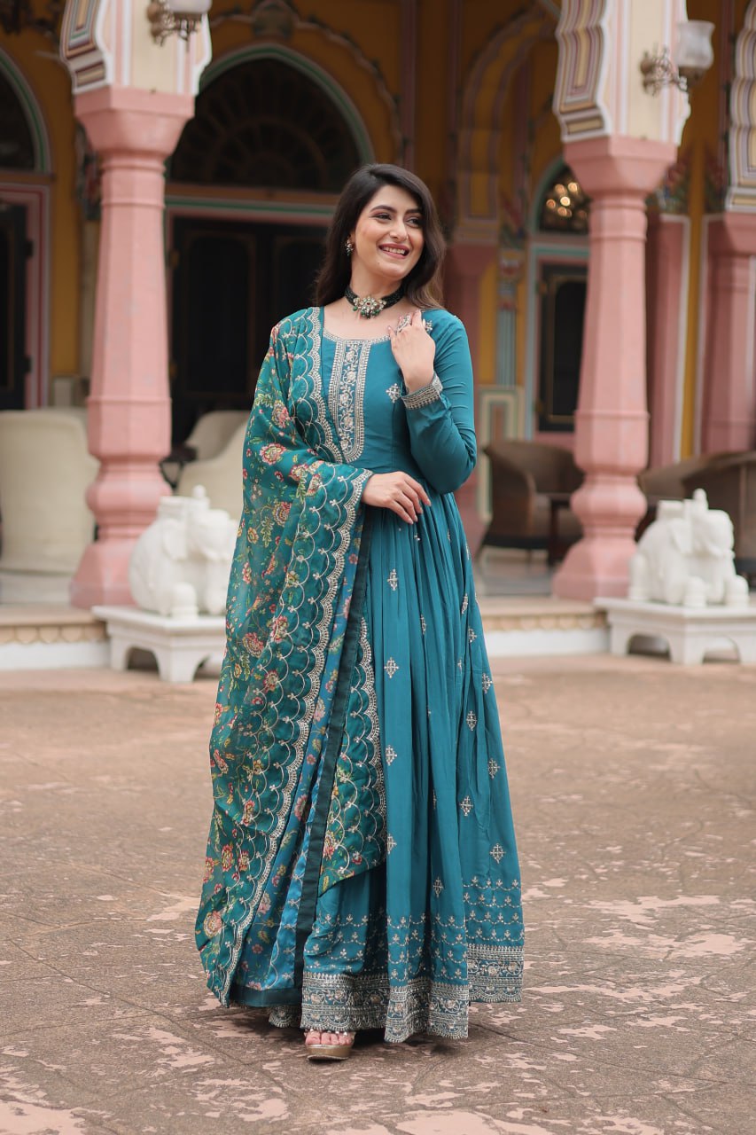 Teal Blue Elegant Chinon Gown with Sequins Embroidery & Kalamkari Silk Dupatta
