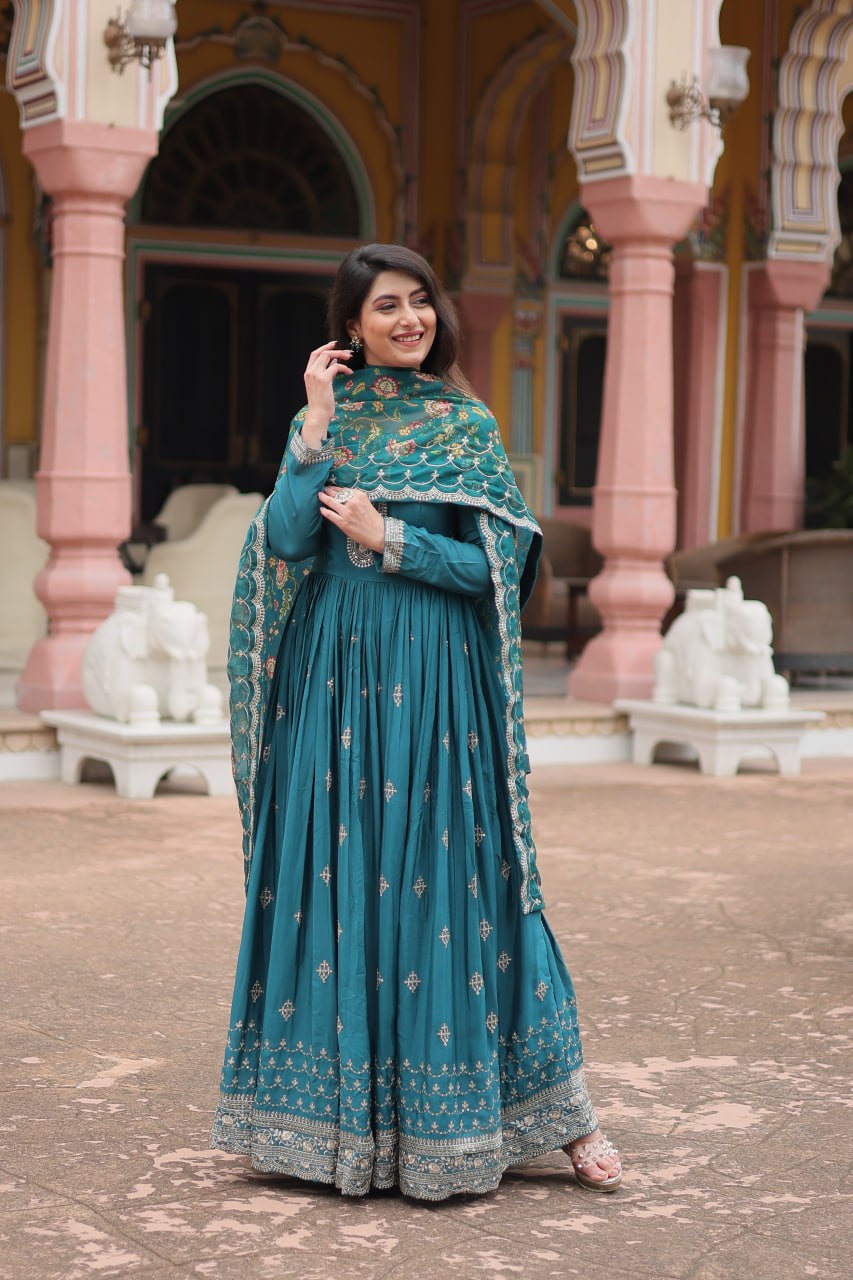 Teal Blue Elegant Chinon Gown with Sequins Embroidery & Kalamkari Silk Dupatta