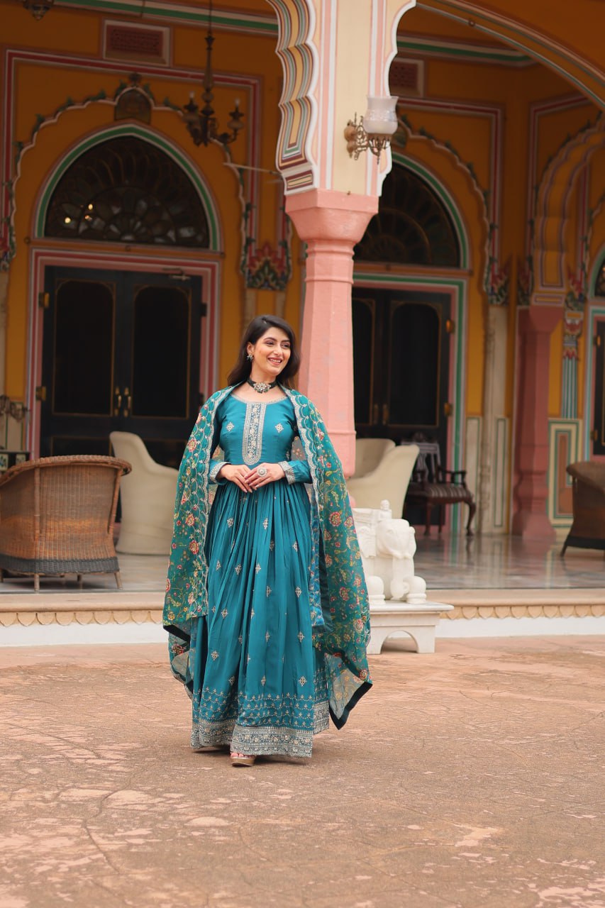 Teal Blue Elegant Chinon Gown with Sequins Embroidery & Kalamkari Silk Dupatta