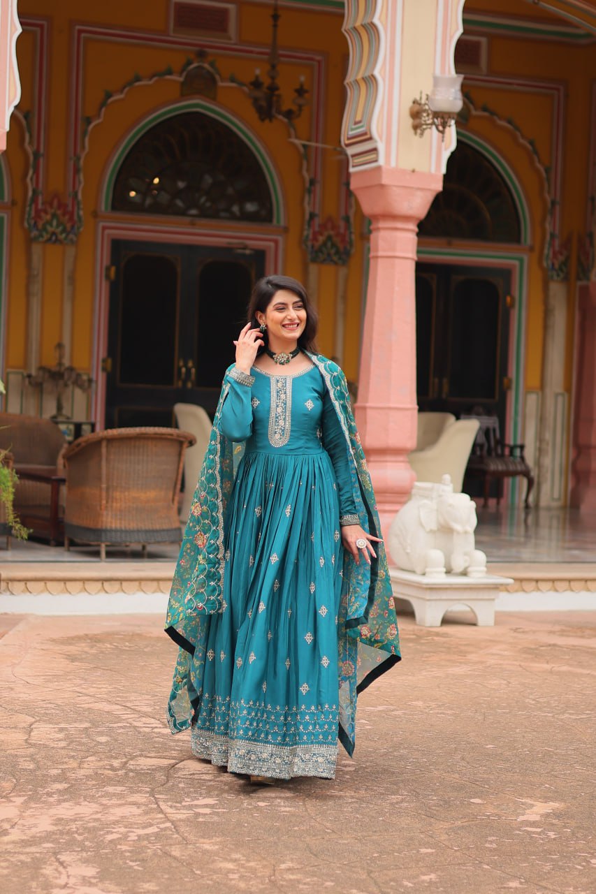 Teal Blue Elegant Chinon Gown with Sequins Embroidery & Kalamkari Silk Dupatta