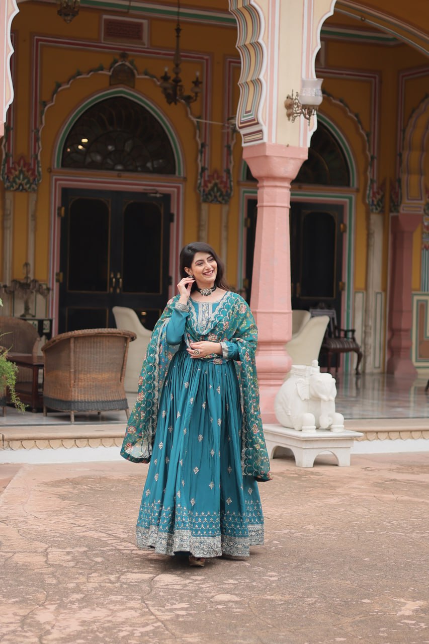 Teal Blue Elegant Chinon Gown with Sequins Embroidery & Kalamkari Silk Dupatta