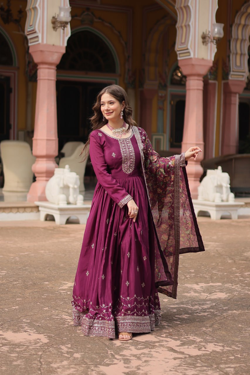 Wine Elegant Chinon Gown with Sequins Embroidery & Kalamkari Silk Dupatta