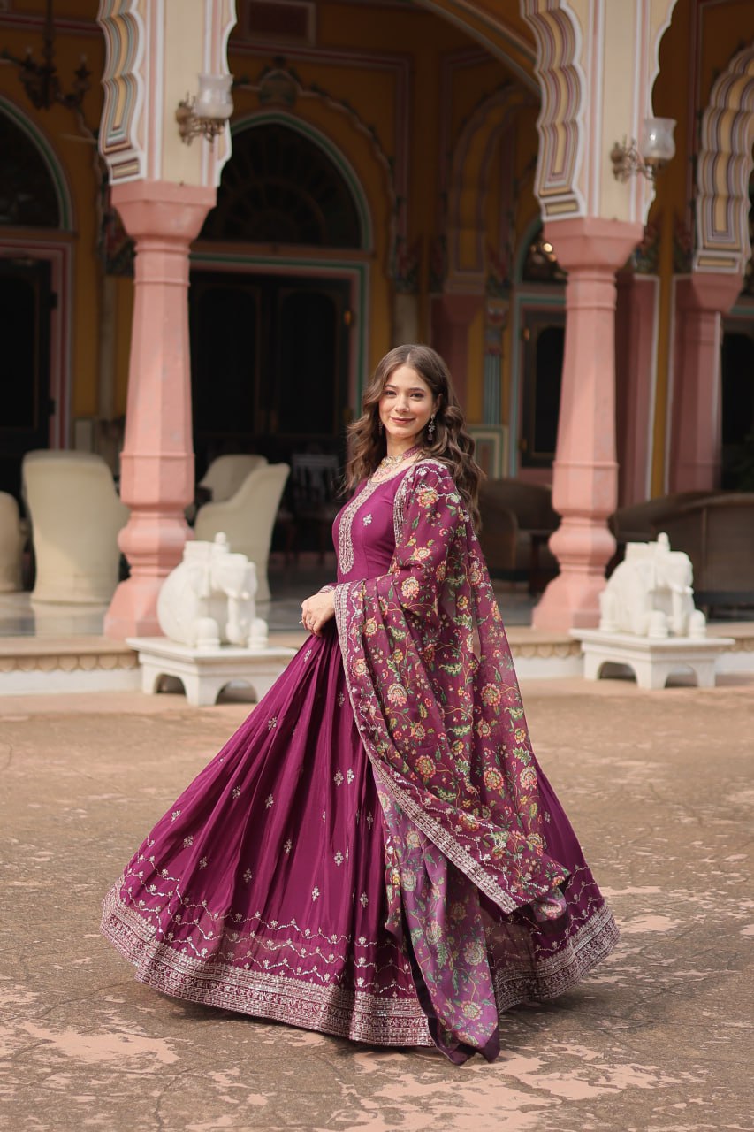 Wine Elegant Chinon Gown with Sequins Embroidery & Kalamkari Silk Dupatta