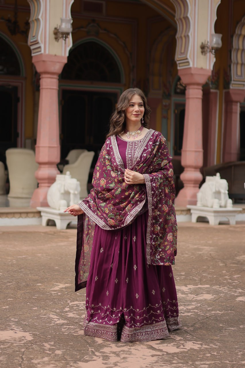 Wine Elegant Chinon Gown with Sequins Embroidery & Kalamkari Silk Dupatta