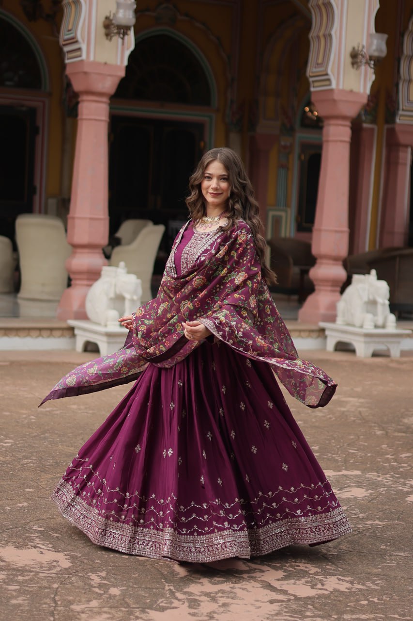 Wine Elegant Chinon Gown with Sequins Embroidery & Kalamkari Silk Dupatta