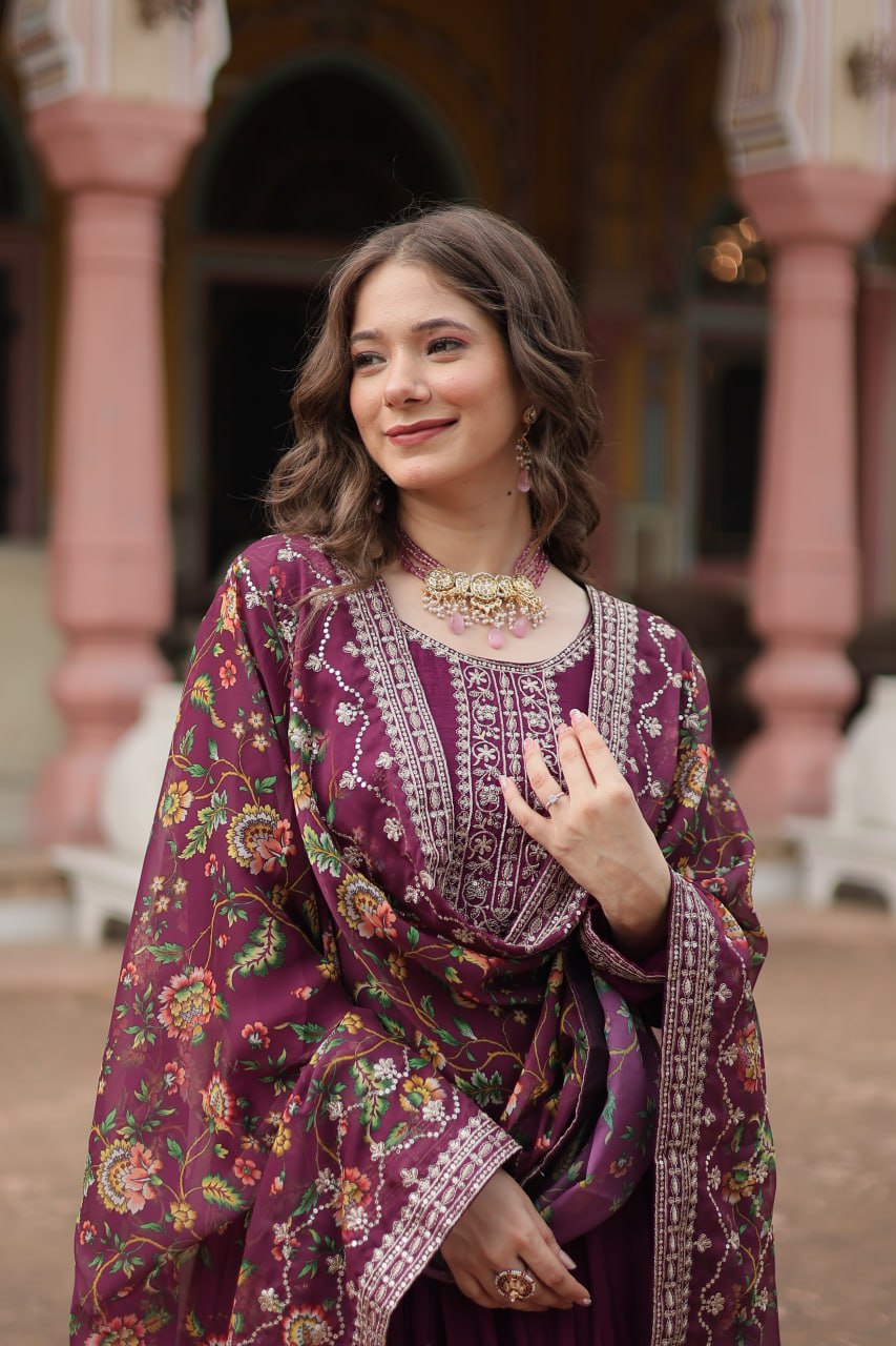 Wine Elegant Chinon Gown with Sequins Embroidery & Kalamkari Silk Dupatta