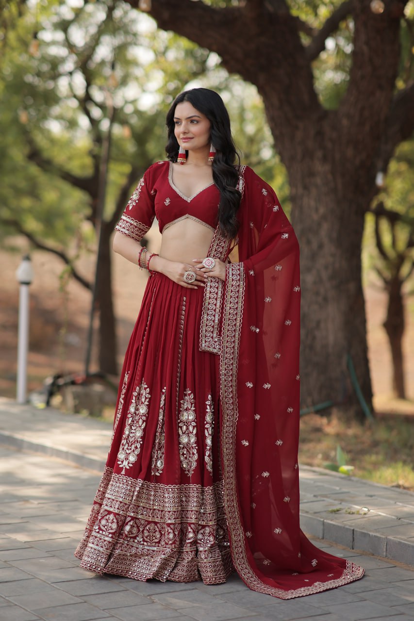 Maroon Stunning Faux Georgette Lehenga with Sequins Embroidery and Dupatta Set