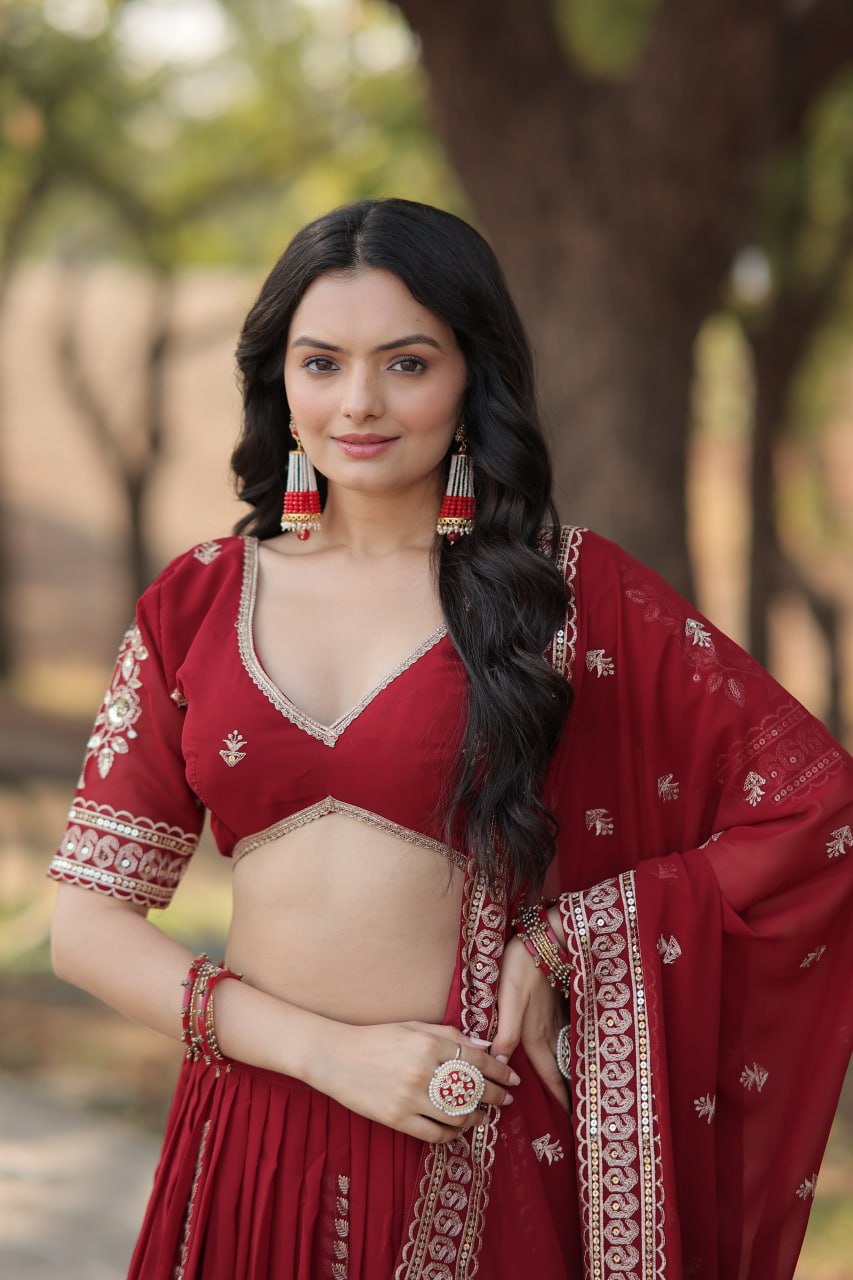 Maroon Stunning Faux Georgette Lehenga with Sequins Embroidery and Dupatta Set