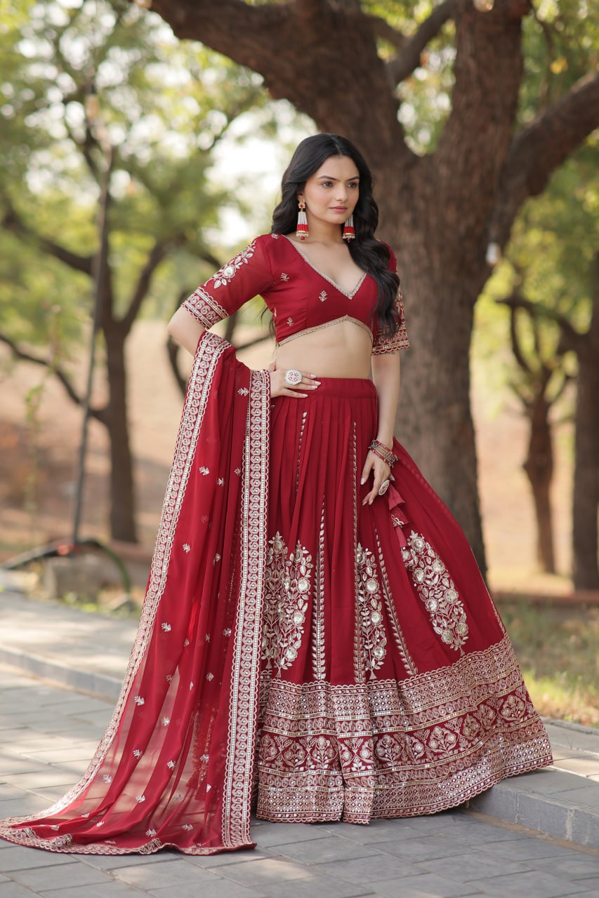 Maroon Stunning Faux Georgette Lehenga with Sequins Embroidery and Dupatta Set
