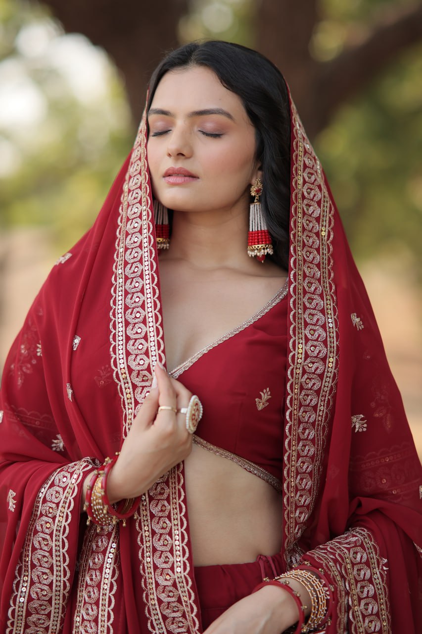 Maroon Stunning Faux Georgette Lehenga with Sequins Embroidery and Dupatta Set