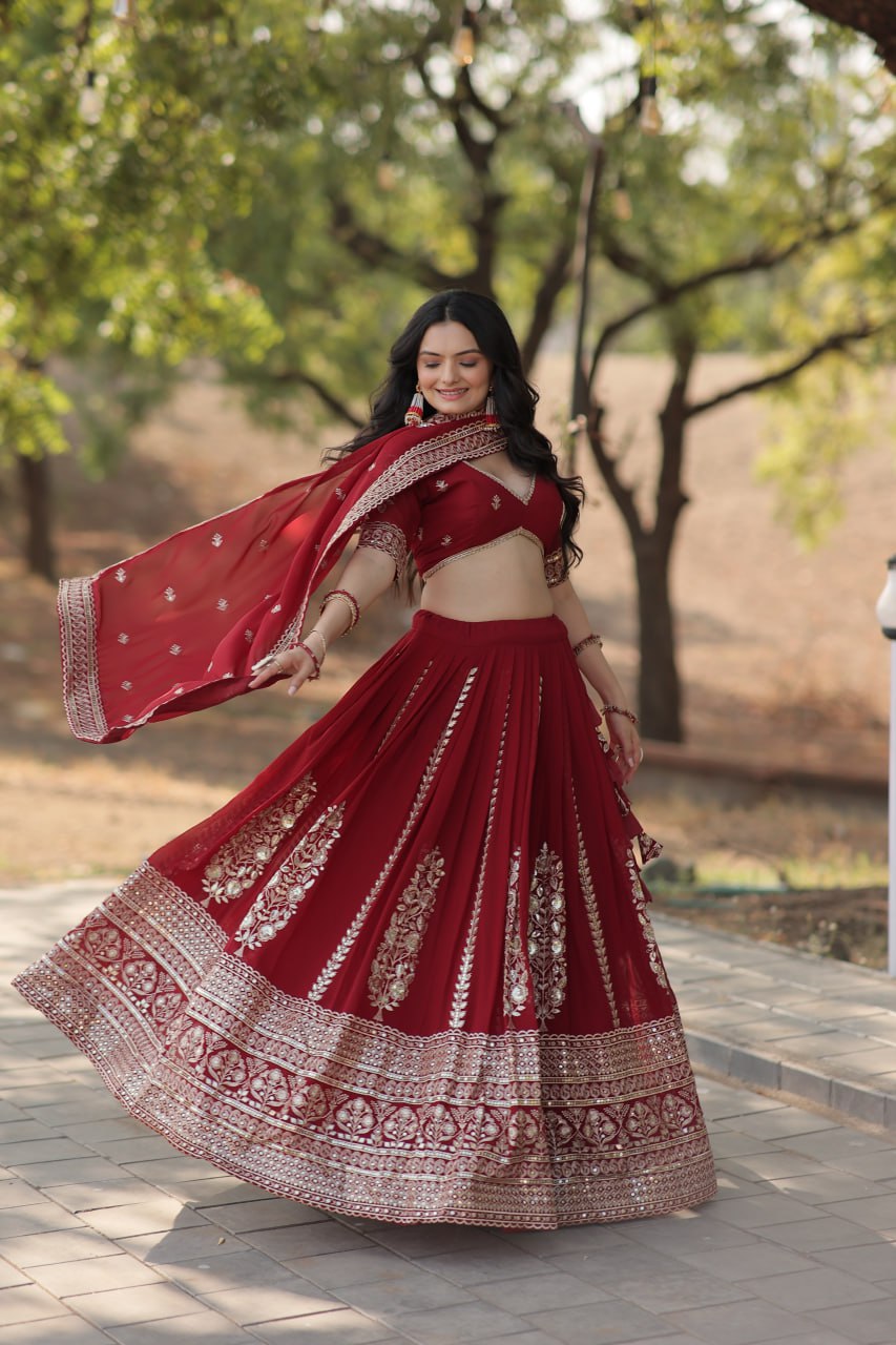 Maroon Stunning Faux Georgette Lehenga with Sequins Embroidery and Dupatta Set