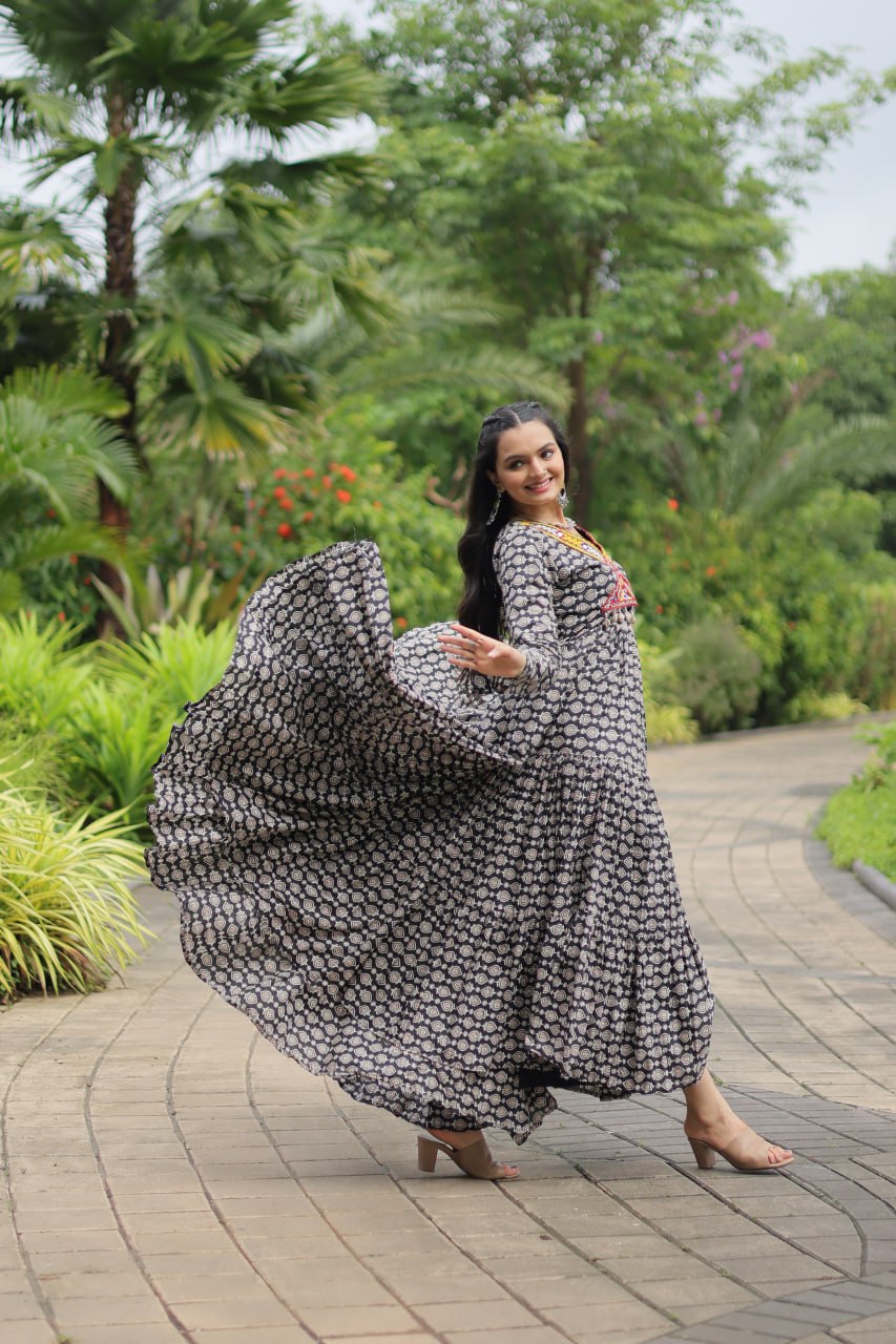 Black Designer Cotton Gown with Kutchi Gamthi & Kodi Lace Work – 3-Layer Frill Stitch