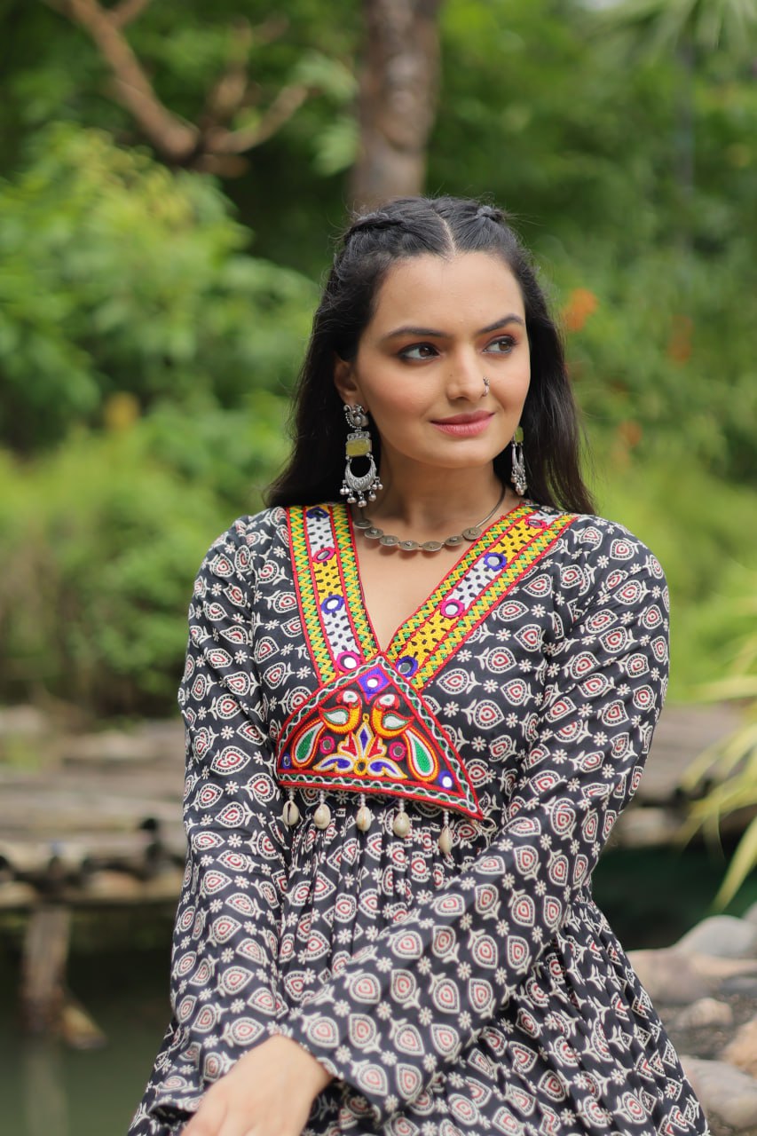 Black Designer Cotton Gown with Kutchi Gamthi & Kodi Lace Work – 3-Layer Frill Stitch