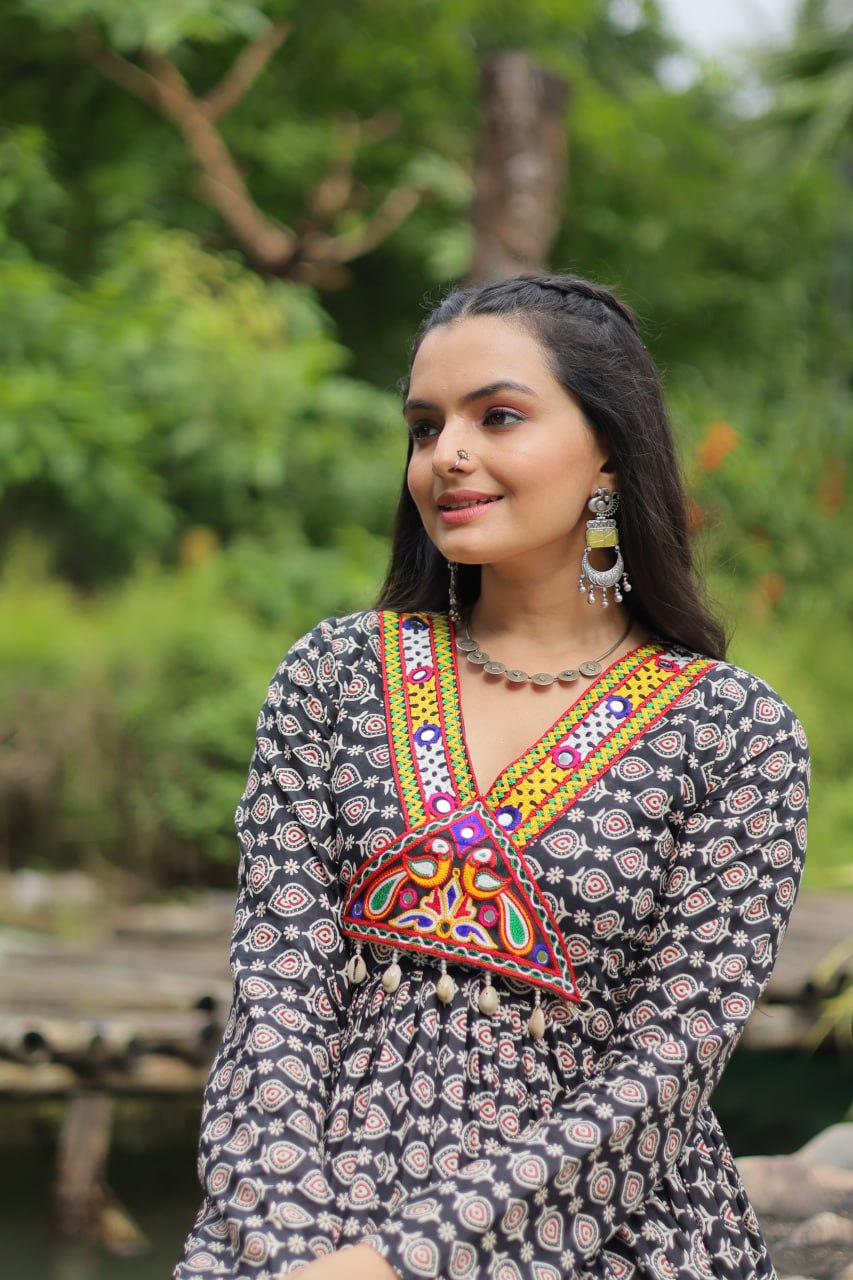 Black Designer Cotton Gown with Kutchi Gamthi & Kodi Lace Work – 3-Layer Frill Stitch