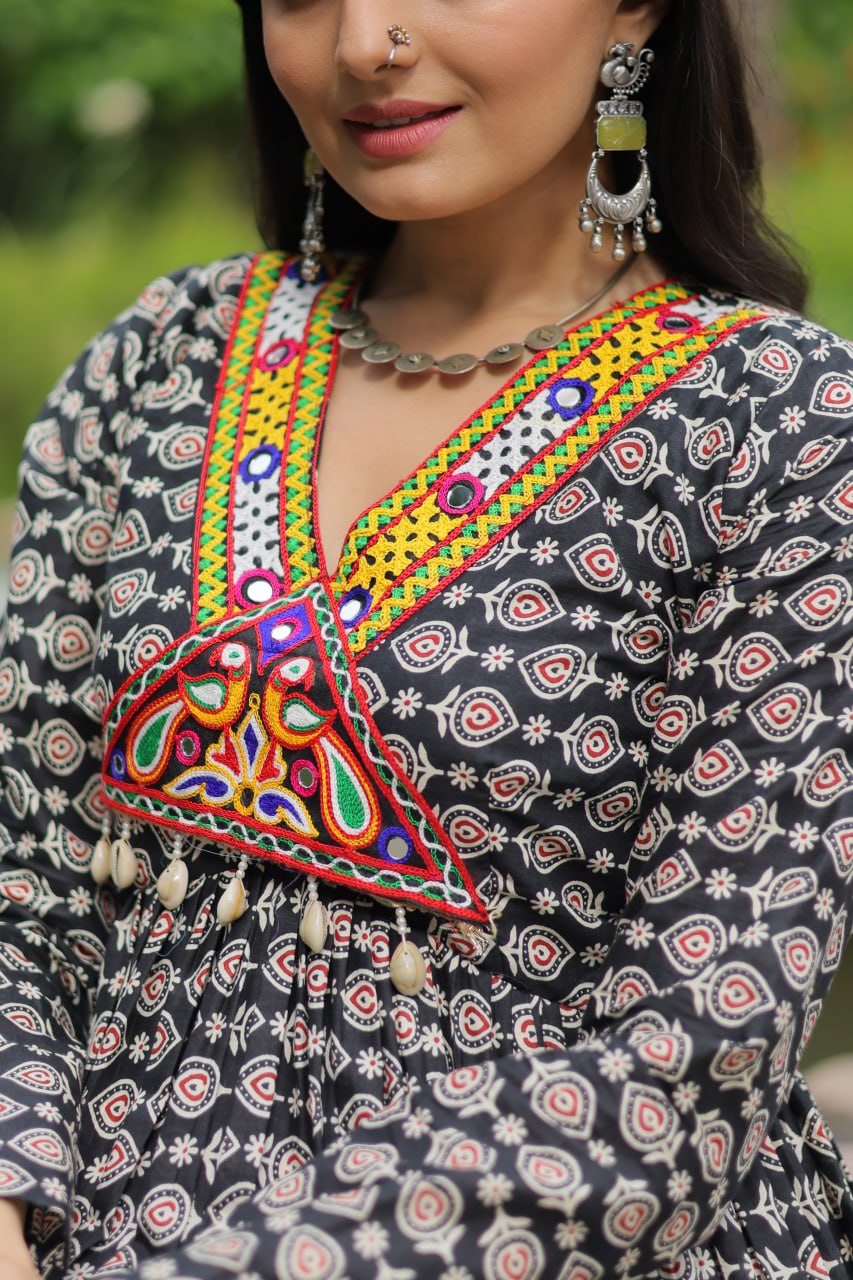 Black Designer Cotton Gown with Kutchi Gamthi & Kodi Lace Work – 3-Layer Frill Stitch