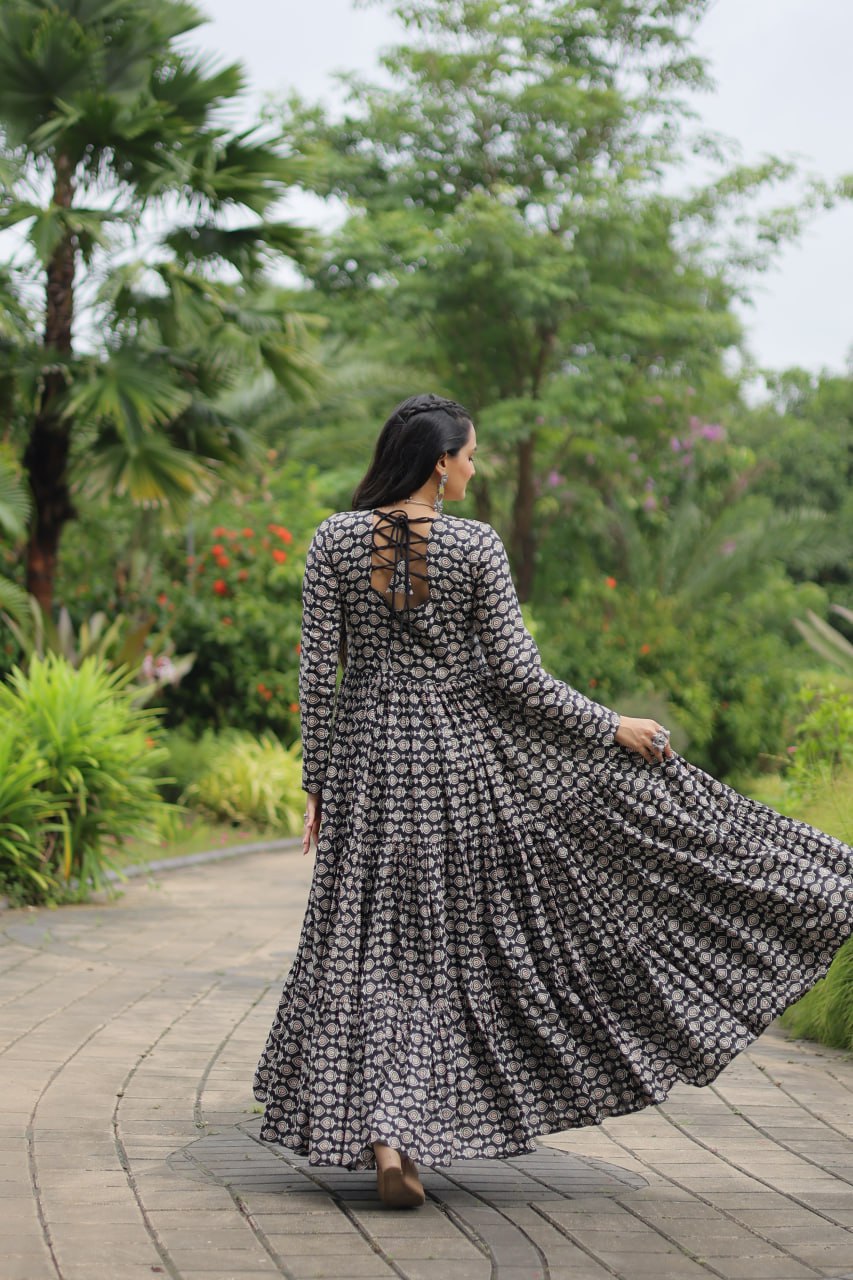 Black Designer Cotton Gown with Kutchi Gamthi & Kodi Lace Work – 3-Layer Frill Stitch