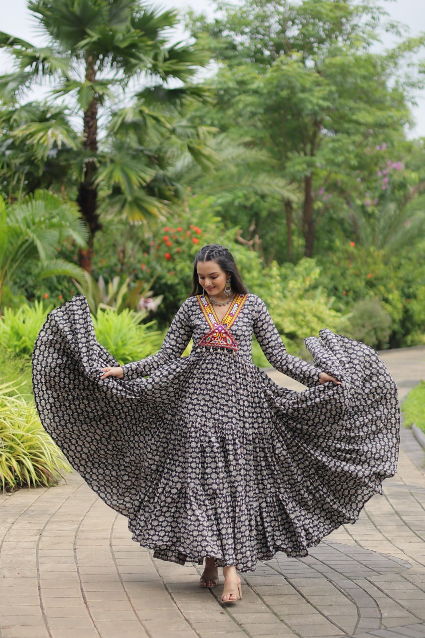 Black Designer Cotton Gown with Kutchi Gamthi & Kodi Lace Work – 3-Layer Frill Stitch