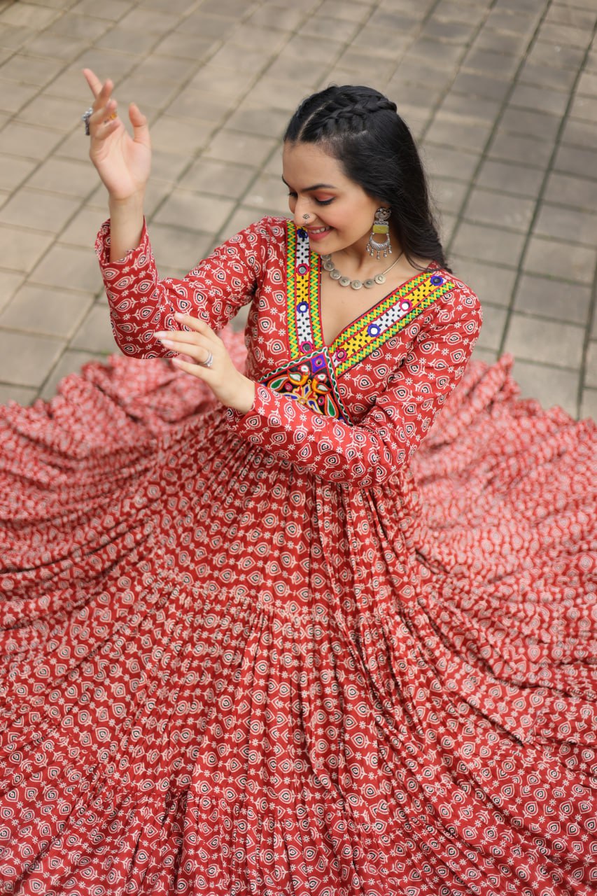 Red Designer Cotton Gown with Kutchi Gamthi & Kodi Lace Work – 3-Layer Frill Stitch