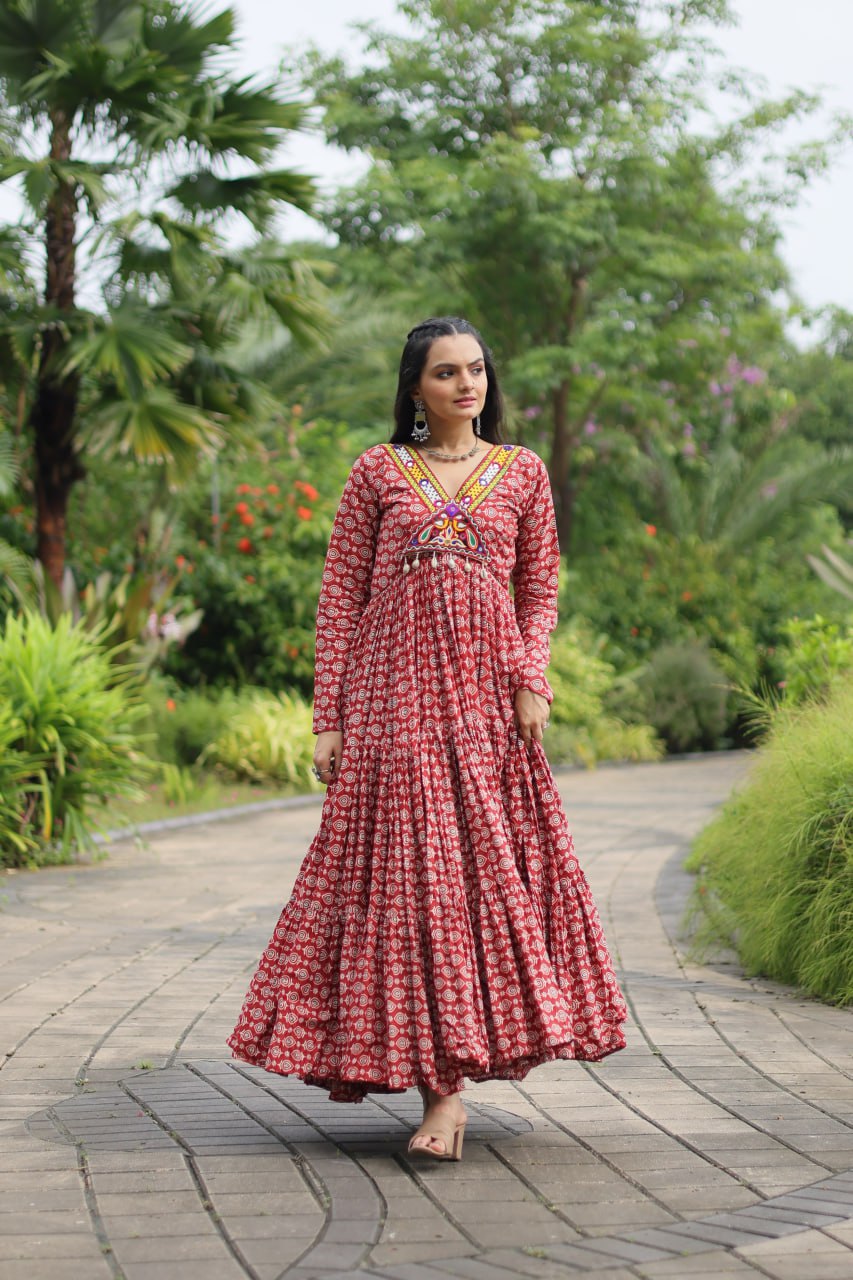 Red Designer Cotton Gown with Kutchi Gamthi & Kodi Lace Work – 3-Layer Frill Stitch