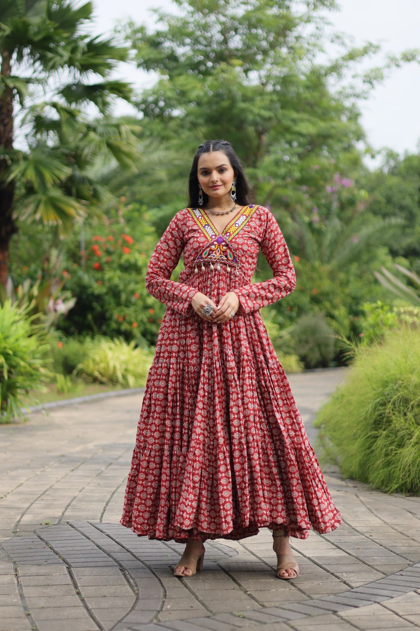 Red Designer Cotton Gown with Kutchi Gamthi & Kodi Lace Work – 3-Layer Frill Stitch