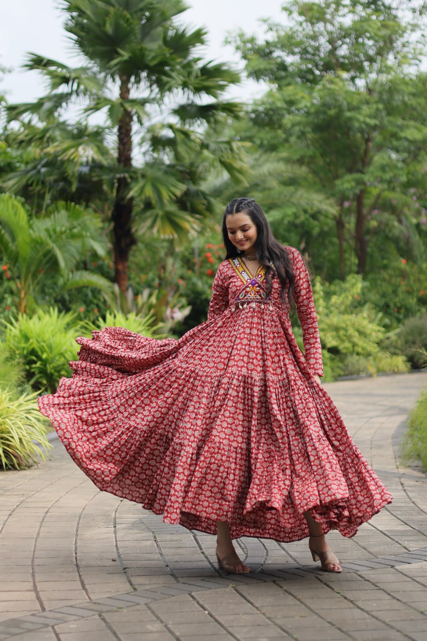 Red Designer Cotton Gown with Kutchi Gamthi & Kodi Lace Work – 3-Layer Frill Stitch