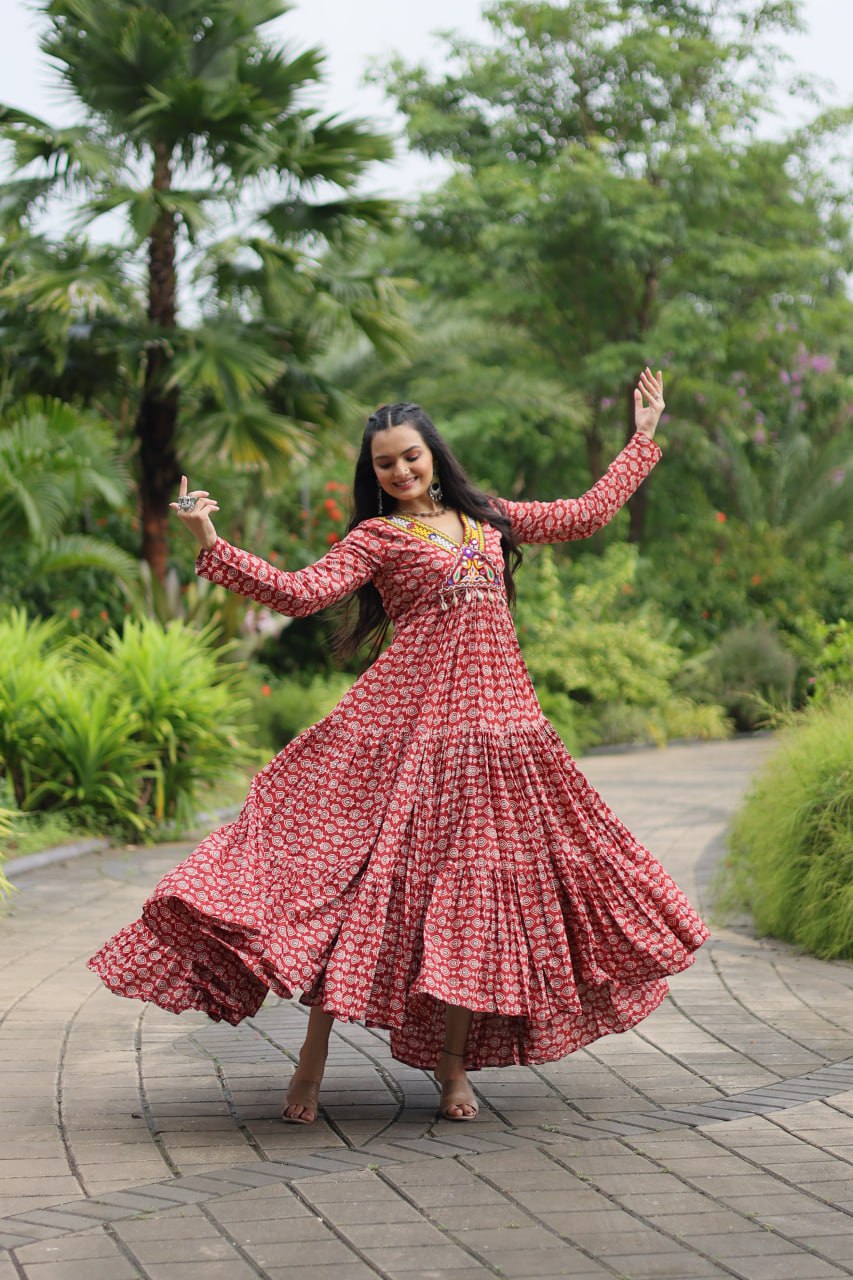 Red Designer Cotton Gown with Kutchi Gamthi & Kodi Lace Work – 3-Layer Frill Stitch