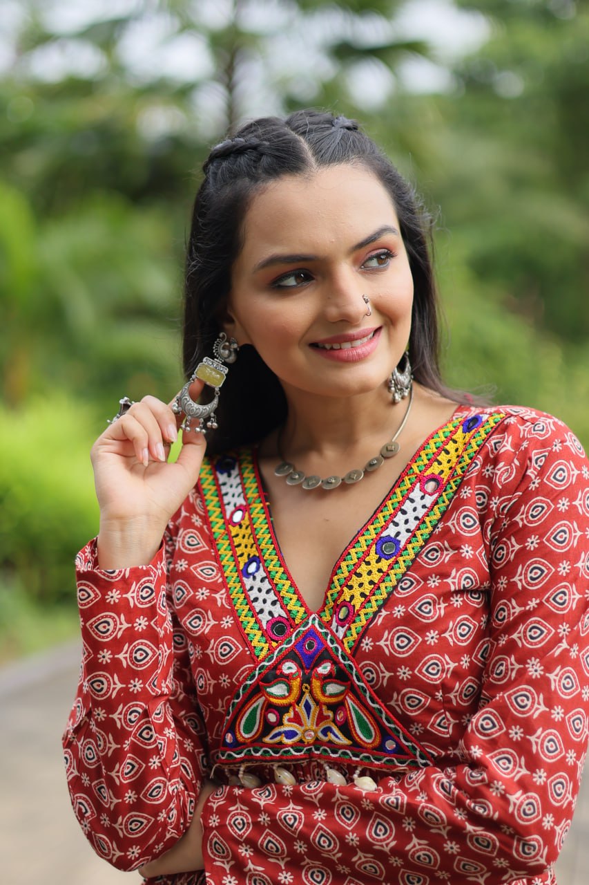 Red Designer Cotton Gown with Kutchi Gamthi & Kodi Lace Work – 3-Layer Frill Stitch