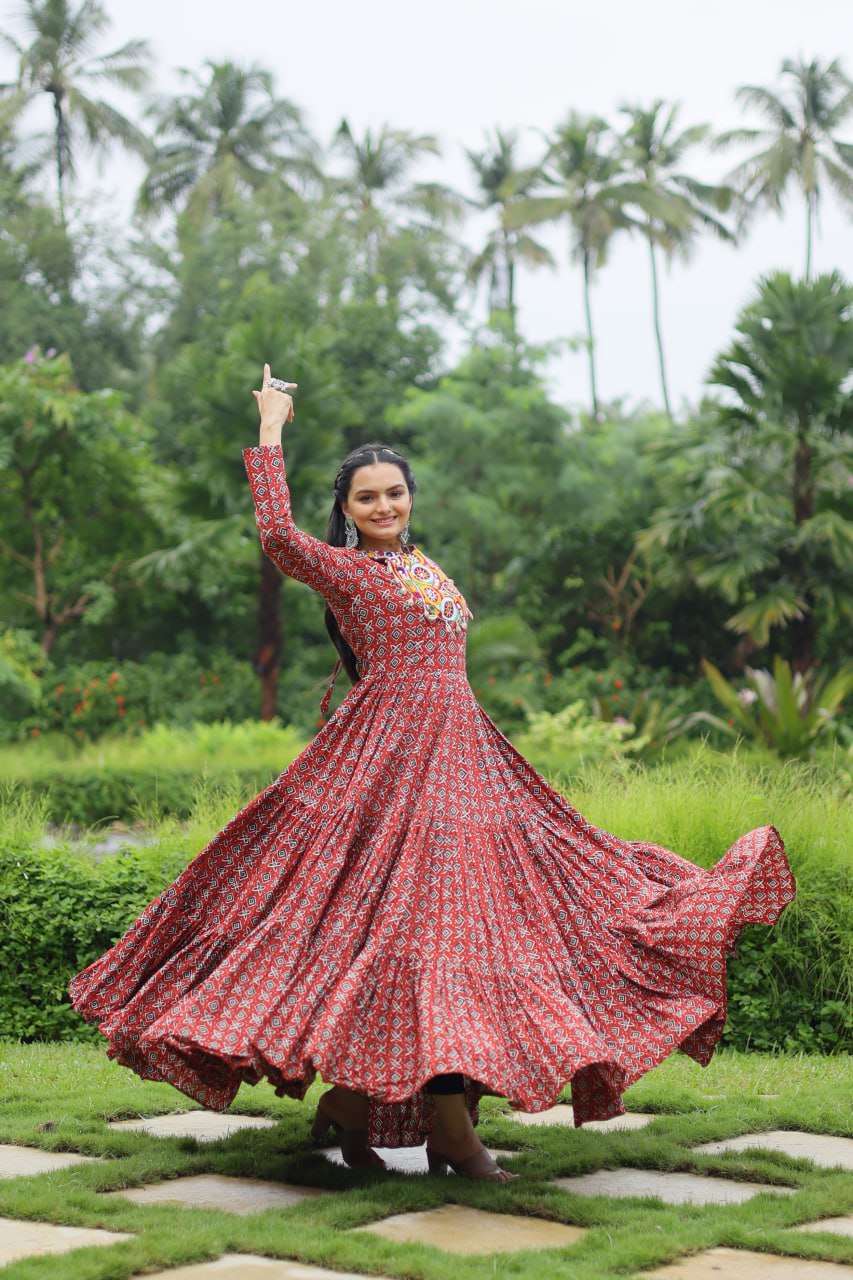 Red Designer Printed Cotton Gown with Kutchi Gamthi Lace and Kodi Work