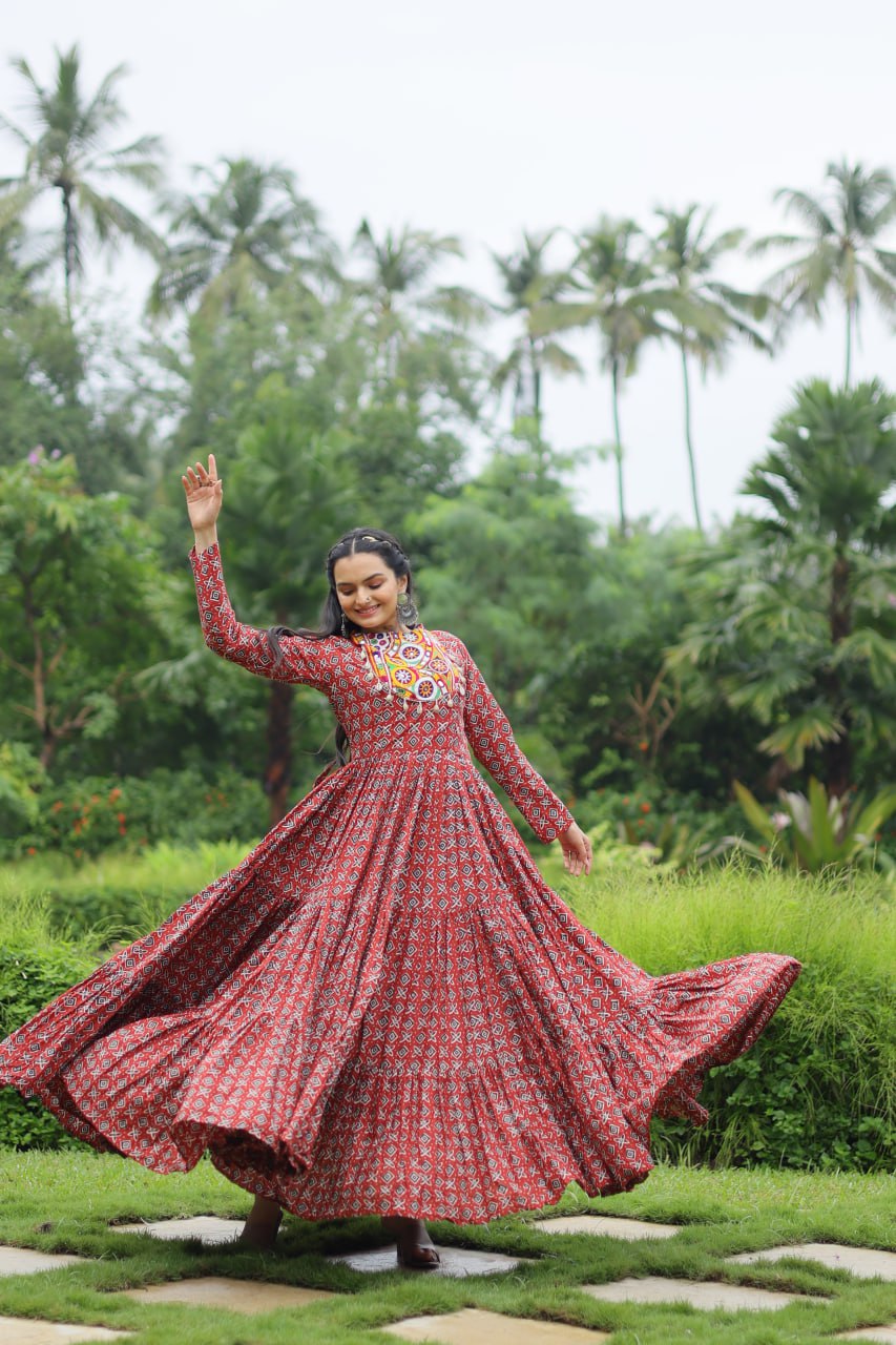 Red Designer Printed Cotton Gown with Kutchi Gamthi Lace and Kodi Work