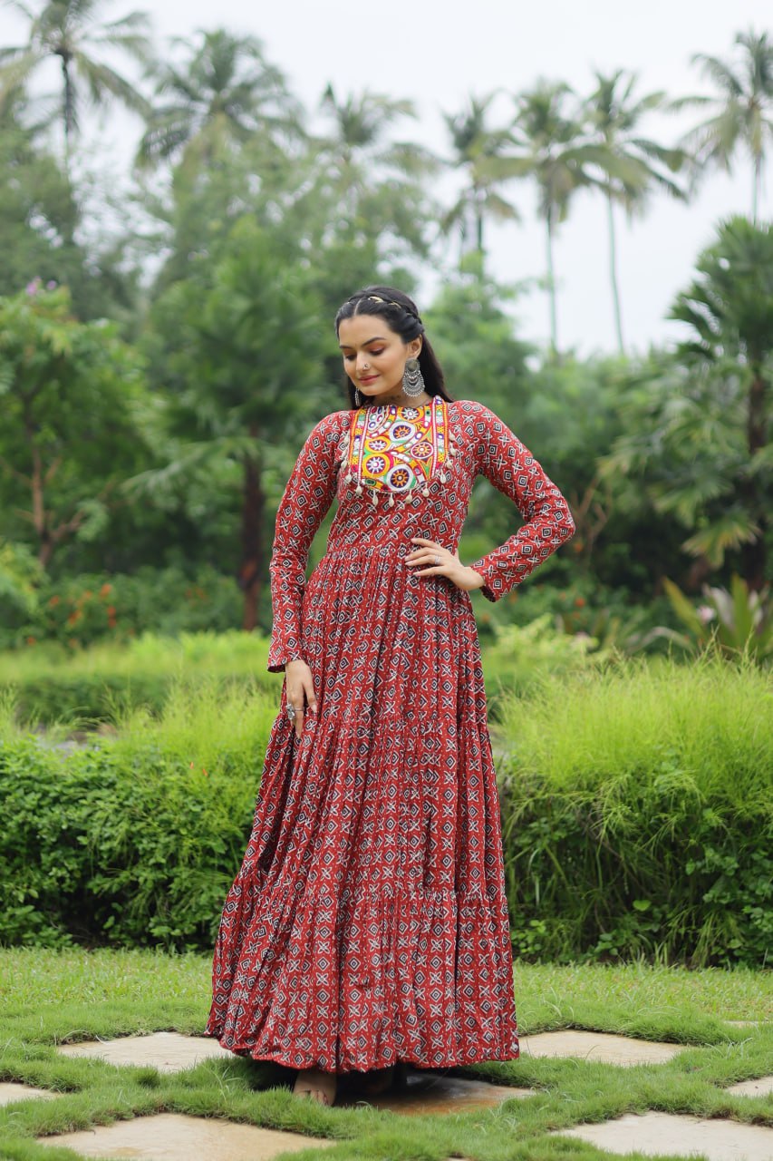 Red Designer Printed Cotton Gown with Kutchi Gamthi Lace and Kodi Work