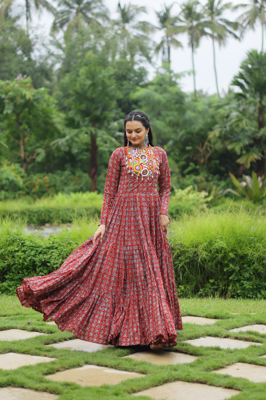 Red Designer Printed Cotton Gown with Kutchi Gamthi Lace and Kodi Work